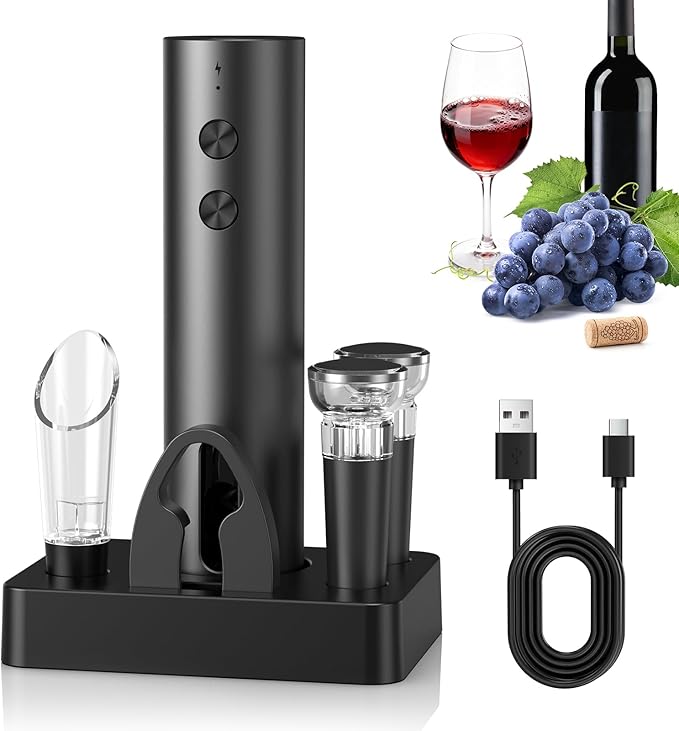 CIRCLE JOY Rechargeable Electric Wine Opener, 6-In-1 Cordless Electric Wine Bottle Opener with Pourer, Foil Cutter, 2 Vacuum Preservation Stoppers and Storage Base, Gifts for Wine Lovers
