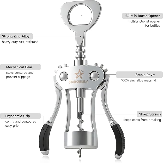 Wine Opener,Heavy-Duty Zinc Alloy Wing Corkscrew Manual Wine Bottle Opener with Sharp Spiral Screw for Sommeliers Wine Lovers,Polished Silver