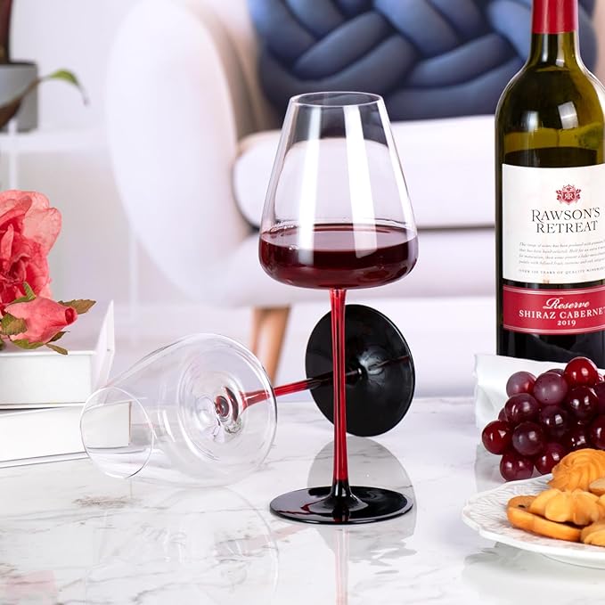 KAMMAK Wine Glasses Set of 2, 16.06 oz Hand Blown Crystal Bordeaux Wine Glasses, Thin Rim & Long Stem, Perfect for Red & White, Daily Use, Wedding or Birthday Gift with Gift Box, XH-H245 Black Base