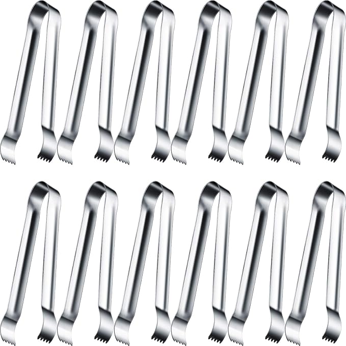 Gejoy 12 Pieces Sugar Ice Tongs Stainless Steel Mini Serving Appetizers Small Kitchen Tongs for Tea Party Coffee Bar Kitchen (Silver Curved Tip)