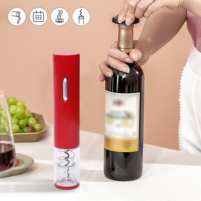 Electric Wine Opener, Battery Operated Automatic Wine Bottle Opener with Foil Cutter, One‑Key Corkscrew Remover for Home Kitchen Party, Red