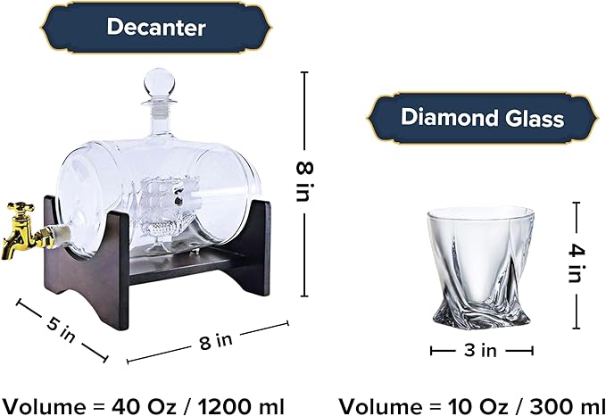 Whiskey Decanter Set for Men - 35 oz, Glass Drink Dispenser for Alcohol or Wine with 2 Diamond Whiskey Glasses - Home Bar Accessories or Holiday Gifts for Dad (Barrel Ship)