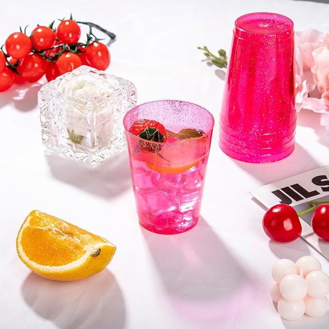 DaYammi 100 Pack Pink Plastic Cups 10Oz Clear Pink Disposable Party Cups for Martini and Cocktail,Fancy Disposable Cup for Wedding,Pink Party Cups Perfect for Mother's Day Party Wedding