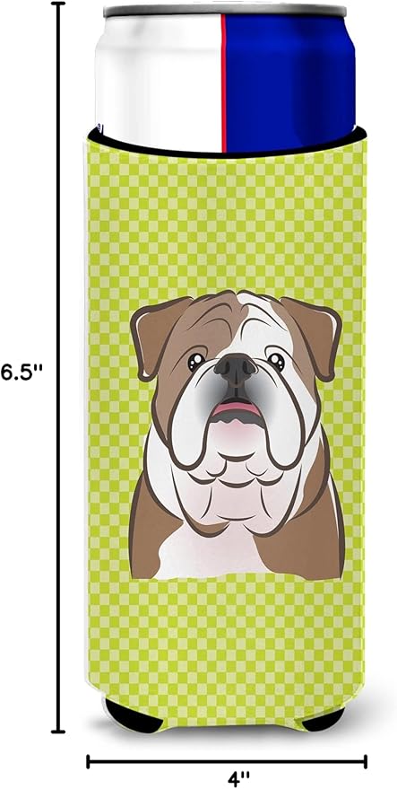 Checkerboard Lime Green English Bulldog Ultra Beverage Insulators for slim cans