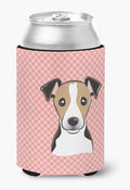 Caroline's Treasures BB1261CC Checkerboard Pink Jack Russell Terrier Can or Bottle Hugger Cooler Washable Drink Sleeve Collapsible Beverage Insulated Holder, Can Hugger, Multicolor