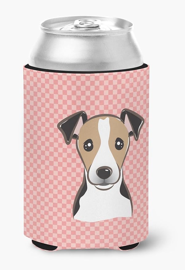 Caroline's Treasures BB1261CC Checkerboard Pink Jack Russell Terrier Can or Bottle Hugger Cooler Washable Drink Sleeve Collapsible Beverage Insulated Holder, Can Hugger, Multicolor
