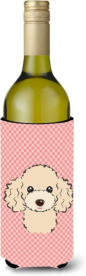 Caroline's Treasures BB1258LITERK Checkerboard Pink Buff Poodle Wine Bottle Hugger Bottle Cooler Sleeve Hugger Machine Washable Collapsible Insulator Beverage Insulated Holder