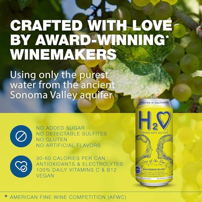 H2o (Excellent Acidity) W24– The Only NA with Science Research | California White Non Alcoholic Wine Infused Refreshment, 0.0% Alcohol, (Larger 1.5x size Sauvignon Blanc, Pack of 24-12 Fl oz)