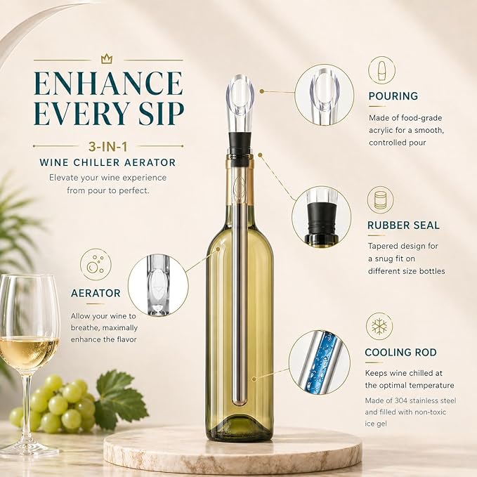 Wine Chiller, 3-in-1 Stainless Steel Wine Bottle Cooler Stick - Rapid Iceless Wine Chilling Rod with Aerator and Pourer - The Best Wine Accessories Gift
