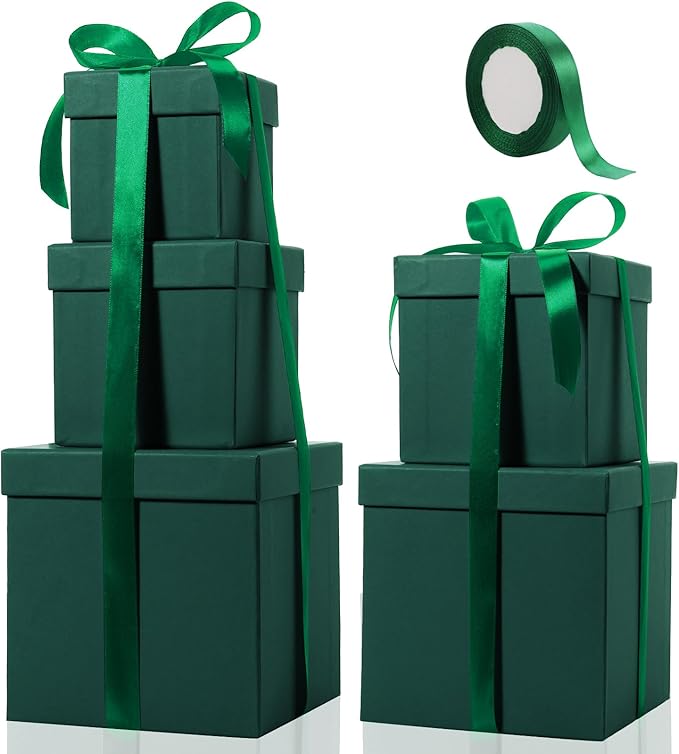 Cholemy 5 Pcs Square Nesting Boxes Decorative Gift Boxes with Lid and Ribbon Assorted Sizes Wrap for Wedding, Carnival, Anniversary, Birthday, Bridal Shower Party Gifts(Green)