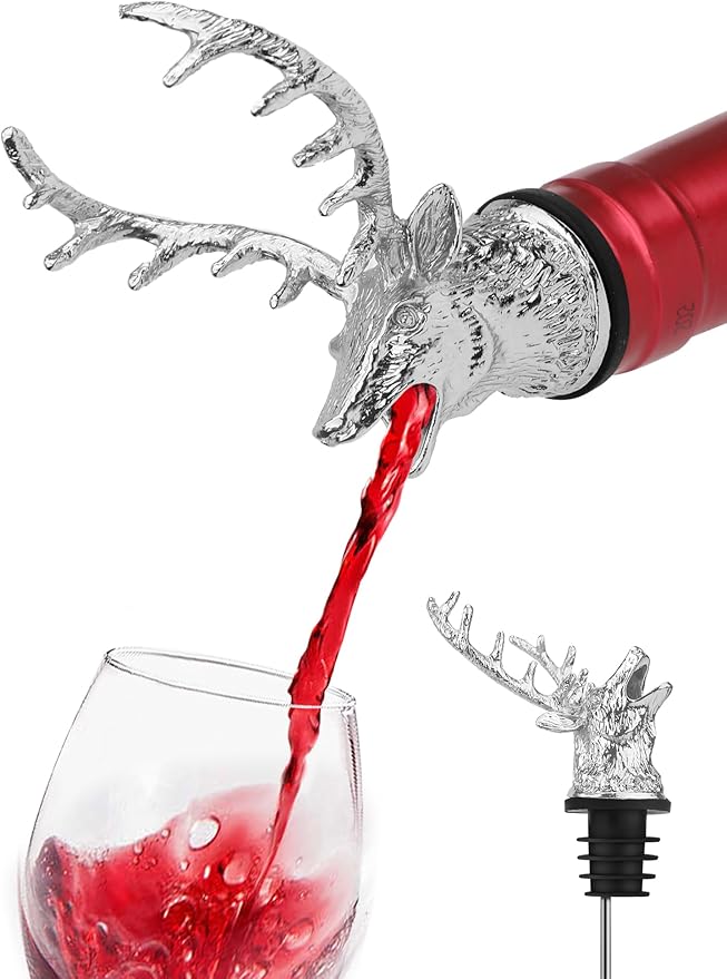 Deer Head Wine Pourer, Liquor Bottle Pour Spout with Leak-Proof Rubber Stopper, Zinc Alloy Metal, Universal Fit for Wine Whiskey Bourbon Olive Oil – Drip-Free Bar Pourer Gift for Men, Parties Holidays