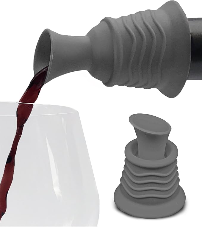 Simply Charmed Wine Stopper and Pourer – Gray Silicone Two in One Accessory to Serve and Save Wine More Easily