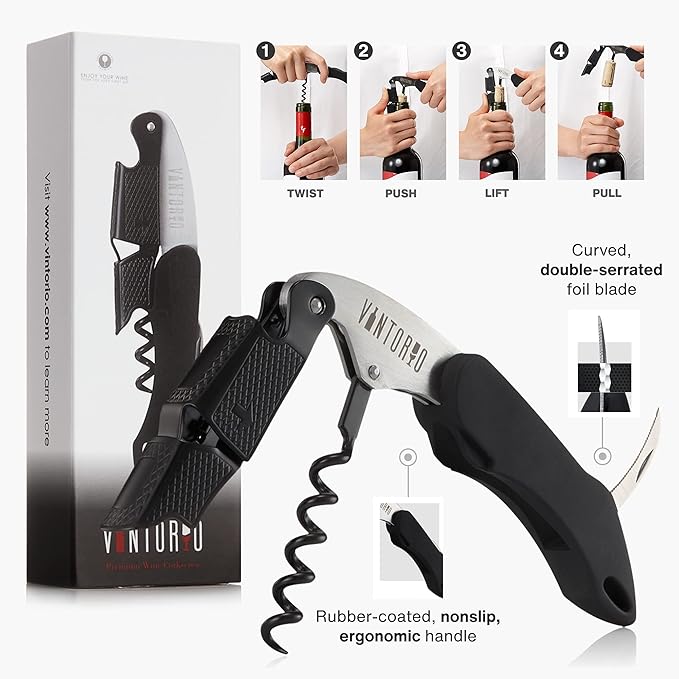 Vintorio Professional Waiters Corkscrew - Wine Key with Ergonomic Rubber Grip, Beer Bottle Opener and Foil Cutter (3 Pack)