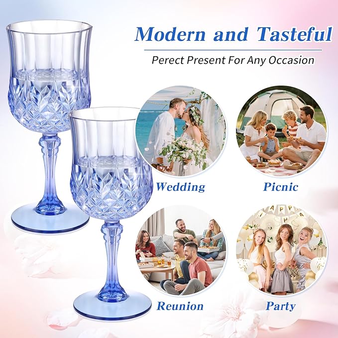 7OZ Plastic Wine Glasses, Disposable Goblets Drinking Glasses Crystal Vintage Water Cups Unbreakable Champagne Glasses for Wedding, Parties, Valentine's Day (Blue)