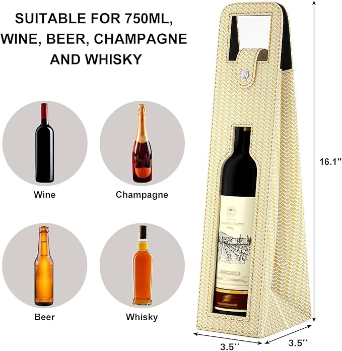 RYDDOY Wine Gift Bag, Reusable Leather Wine Tote Carrier, Single Bottle Champagne Beer Gift Bags Carrier for Birthday, Wedding, Picnic Party, Christmas festival Gifts (Beige)