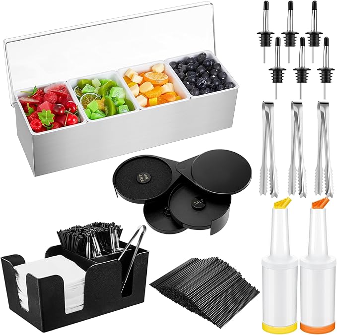 Mifoci Bartending Supplies 4 Compartments Garnish Tray with Lid Bar Caddy 3 Tier Glass Rimmer Stainless Steel Bottle Pourers Juice Pouring Cocktail Tools Stainless Steel Serving Accessories