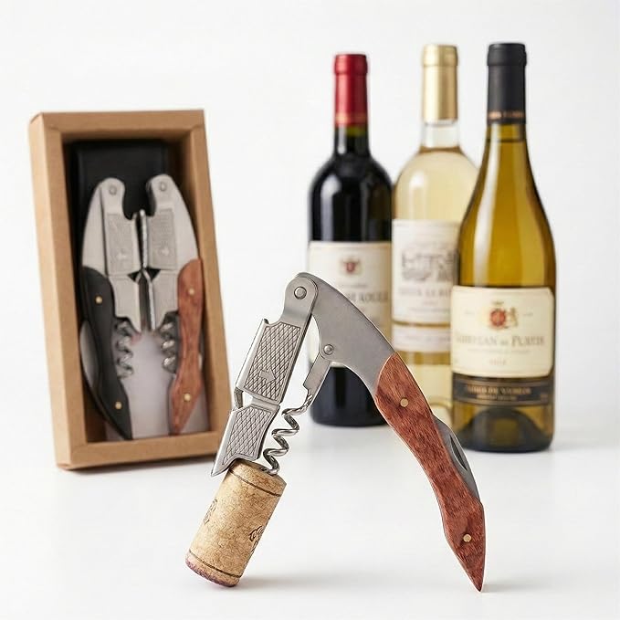 Wine Opener & Corkscrew (2 Pack), Professional Double Hinged Wine Bottle Opener with Foil Cutter & Wood Handle, Waiter's Corkscrew Wine Key for Bartender & Server, Vegan Leather Pouch Gift Set