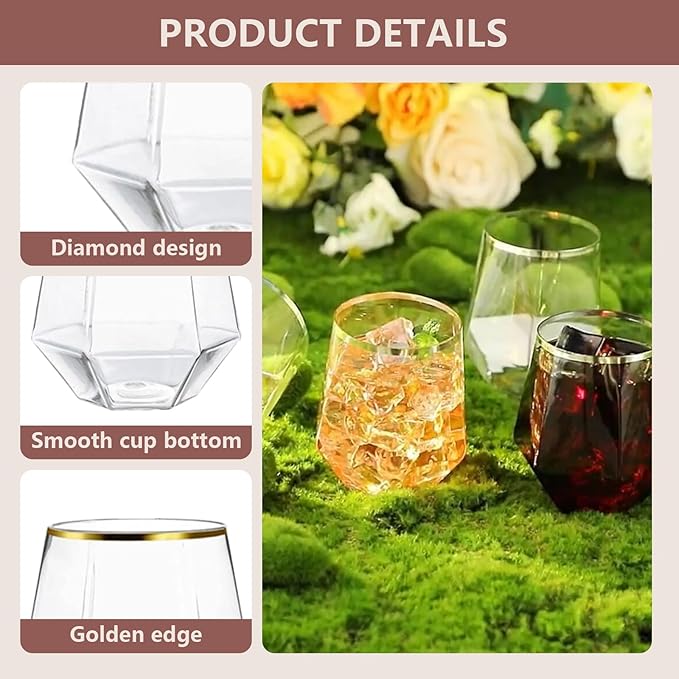 100 Pcs 12 Oz Plastic Wine Cups Gold Rim Plastic Diamond Wine Glass Disposable Stemless Wine Glasses Unbreakable Diamond Wine Glasses for Housewarming Birthday Party Wedding