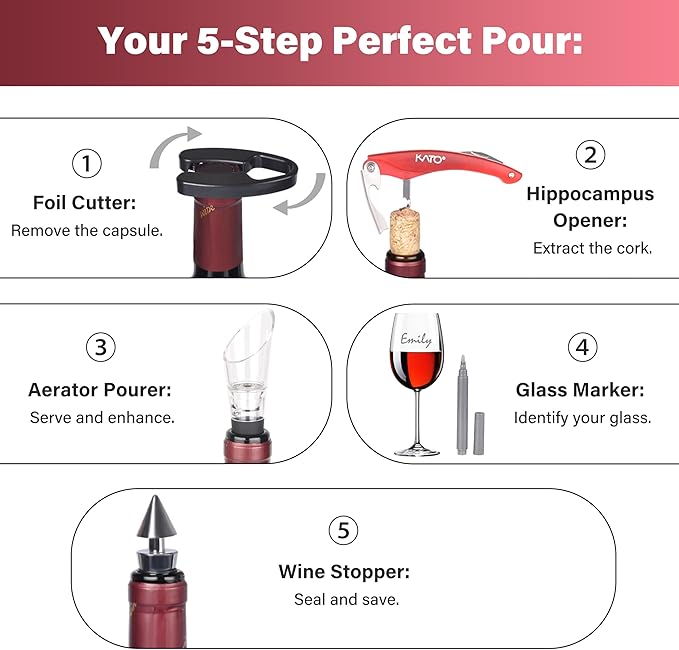 Wine Bottle Accessories Gift Set - Wine Opener Kit Corkscrew Screw Pull, Stopper, Aerator Pourer, Foil Cutter, Drip Ring with Drink Stickers by Kato, Great Valentine's Gifts, Red