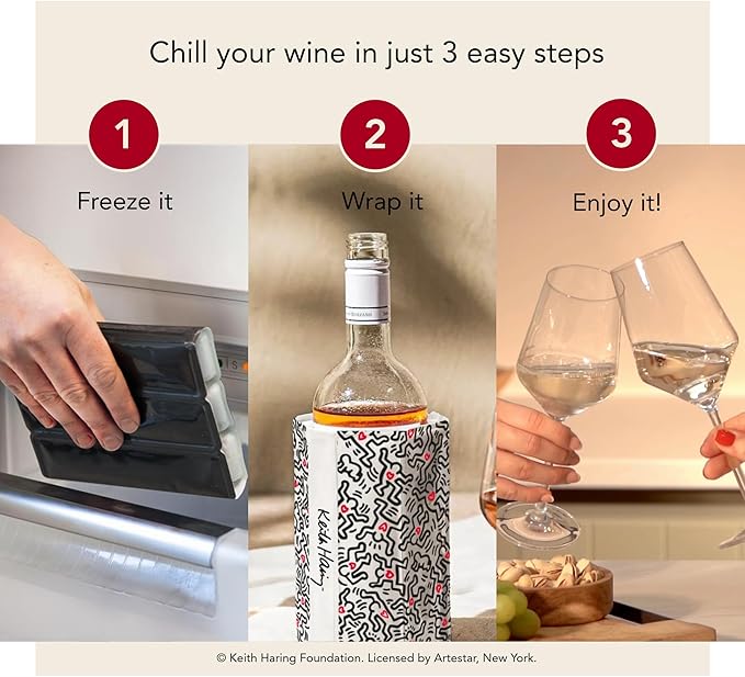 Vacu Vin Wine Cooler Sleeve – Flexible Rapid Wine Bottle Chiller – Reusable Ice Pack Sleeve – Elegant & Portable – Fits 750ml Bottles – Keeps Wine Cold in Minutes Fast, Elegant – Keith Haring