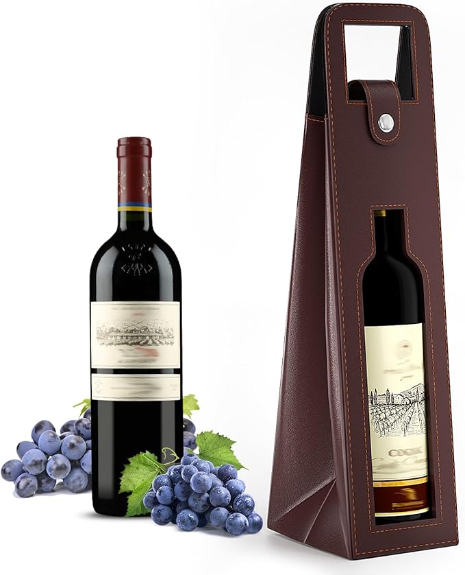 RYDDOY Wine Gift Bag, Reusable Leather Wine Tote Carrier, Single Bottle Champagne Beer Gift Bags Carrier for Birthday, Wedding, Picnic Party, Christmas festival Gifts (Brown)