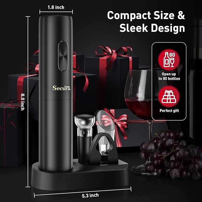 Secura Electric Wine Opener Battery Operated Automatic Wine Bottle Opener Set Reusable Corkscrew with Foil Cutter, Vacuum Stoppers, Aerator Pourer Wine Set Gift for Wine Lovers, Black