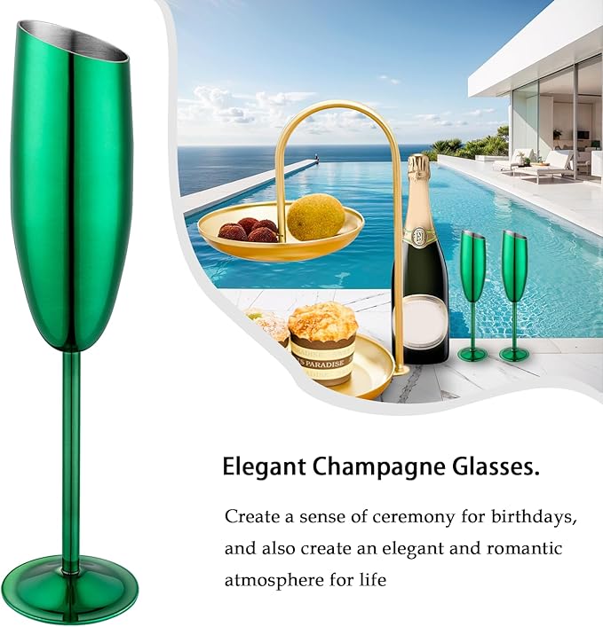 Champagne Flutes Set of 4, Premiumty Stainless Steel High Footed Champagne Glasses, 7oz Capacity,Unbreakable Slanted Champagne Glasses