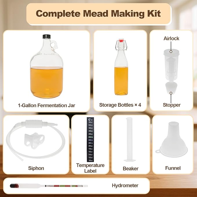 Complete Mead Making Kit for Beginners – 1 Gallon Glass Carboy Fermentation Set, Includes Airlock, Hydrometer, Auto Siphon & 4 Bottles – Easy Home Brewing Starter Kit for Mead, Wine & Fruit Wine
