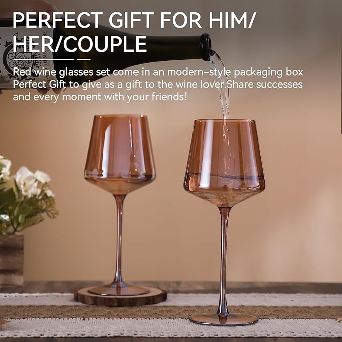 Brown Wine Glasses Set of 6,18oz Dark Amber Wine Glassware Gift Set for Party Brown Hand Blown Glass Drinkware for Red White Wine gifts set for wine lovers
