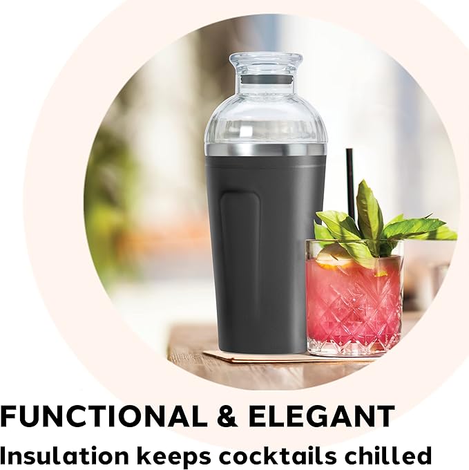 OGGI Groove Insulated Cocktail Shaker-17oz Double Wall Vacuum Insulated Stainless Steel, Tritan Lid has Built In Strainer, Ideal Cocktail Mixer, Martini Shaker, Margarita Shaker, Black