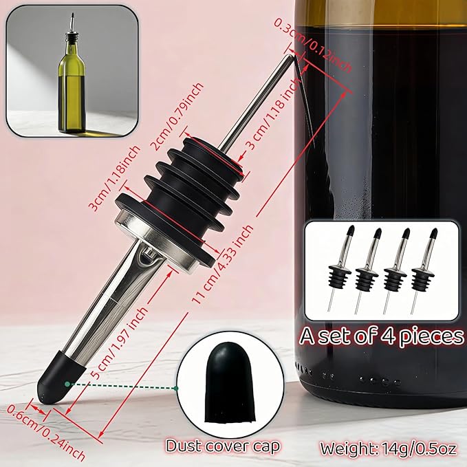 4-Pack Stainless Steel Wine & Oil Bottle Pourer Set - Precision Flow Control Spout with Anti-Drip Seal & Dust Cap for Liquor, Vinegar, Olive Oil - Bar Kitchen Tool by Yayaboqu