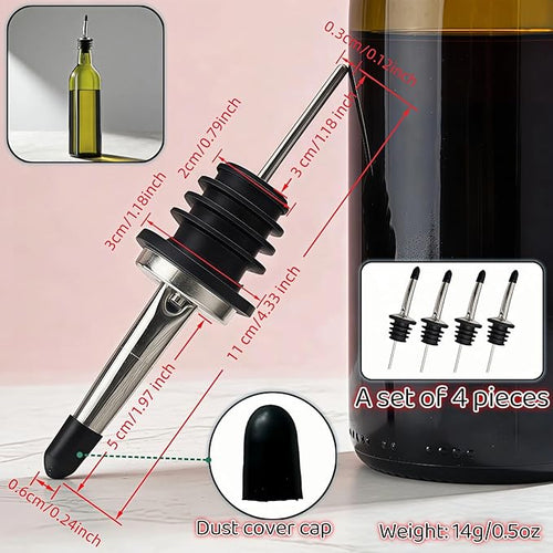 4-Pack Stainless Steel Wine & Oil Bottle Pourer Set - Precision Flow Control Spout with Anti-Drip Seal & Dust Cap for Liquor, Vinegar, Olive Oil - Bar Kitchen Tool by Yayaboqu