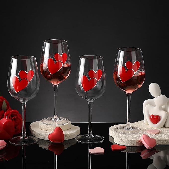 SiliFine 4 Pcs Valentine's Day Red Hearts Theme Party Stemmed Wine Glasses Hand Painted Red Heart Drinking Cup Wine Glasses Gifts for Birthday Theme Holiday Party Supplies