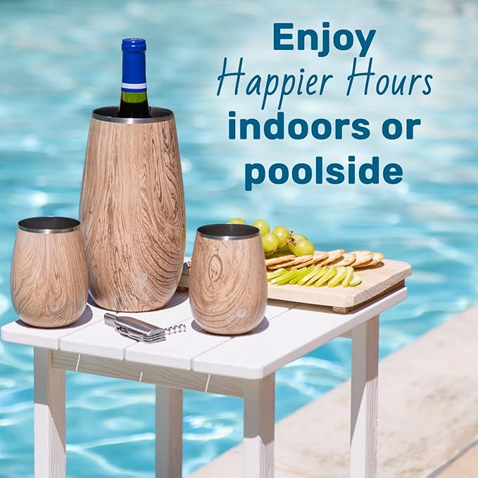 SNOWFOX Premium Vacuum Insulated, Triple Walled, Stainless Steel Wine Chiller w/Optimal fit to keep wine cold longer. Fits most Wine and Champagne Bottles. Non-Slip Silicon Base, Teak