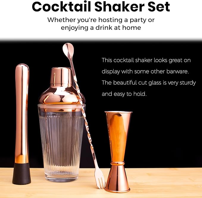 Cocktail Shaker Set - Bartender Shaker Kit with Mixing Tools & Stainless Steel Strainer, Premium Bar Tool Set for Crafting Martinis & Whiskey Cocktails (Rosegold)