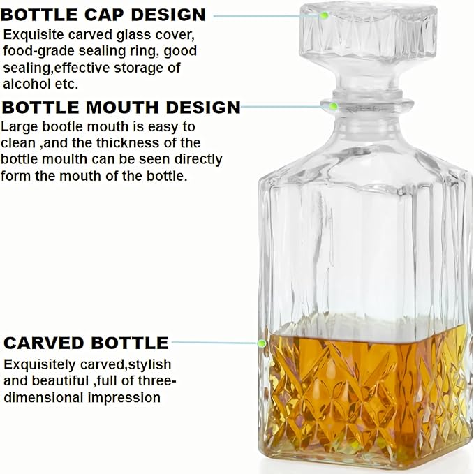 Whiskey Decanter Set,800ML Elegant Liquor Carafe with Ornate Glass Stopper and 2 Matching Whisky Tumblers–Whisky,Scotch, Liquor, Wine, Bourbon, Gin, Rum, Tequila, Vodka and Brandy (Iceberg Style)