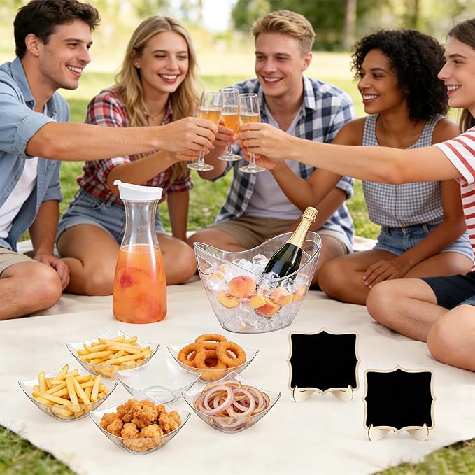 27 Pcs Mimosa Bar Supplies Include Acrylic Ice Bucket 4Pcs 34oz Plastic Carafe with Lids 6 Disposable Salad Bowls with Spoons & Tongs 10 Mini Wooden Chalkboards for Summer Party Family Gathering Bar