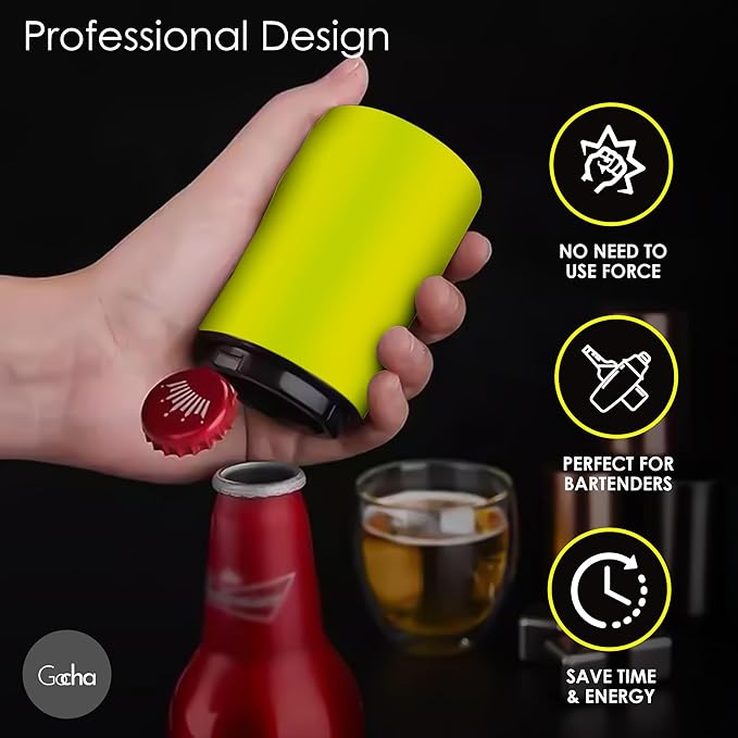 GOCHA | Magnetic Beer Bottle Opener with Automatic Cap Catcher – Stainless Steel Push-Down Gadget, One-Hand Bar Tool for Beer & Soda Bottles (Yellow)