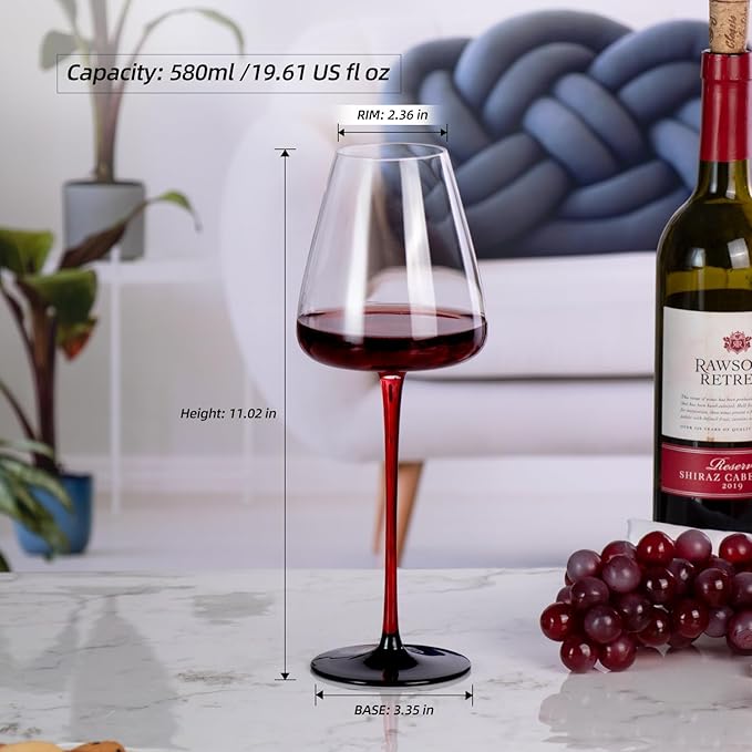 KAMMAK Wine Glasses Set of 2, 19.61 oz Hand Blown Crystal Bordeaux Wine Glasses, Thin Rim & Long Stem, Perfect for Red & White, Daily Use, Wedding or Birthday Gift with Gift Box, XH-H280 Black Base