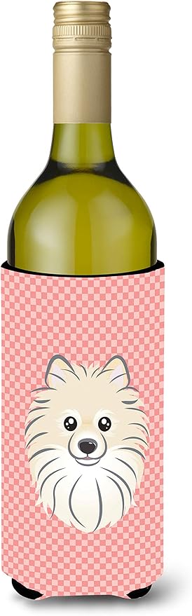 Caroline's Treasures BB1207LITERK Checkerboard Pink Pomeranian Wine Bottle Hugger Bottle Cooler Sleeve Hugger Machine Washable Collapsible Insulator Beverage Insulated Holder