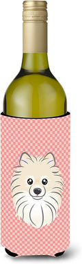 Caroline's Treasures BB1207LITERK Checkerboard Pink Pomeranian Wine Bottle Hugger Bottle Cooler Sleeve Hugger Machine Washable Collapsible Insulator Beverage Insulated Holder