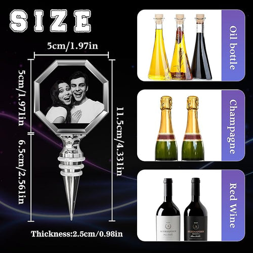 3D Personalized Crystal Wine Stopper, 3D Crystal Picture Engraved, Custom with Your Own Personal Logo, Text and Image, Gift for Father Dad, Anniversary Birthday Wedding Family Gifts (Octagonal)
