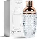 Glass Cocktail Shaker Kit, JOYCEMALL 13 Ounce Martini Mocktail Making Set with Leakproof Metallic Steel Lid & Strainer for Home Use & Bar Cart Rosegold