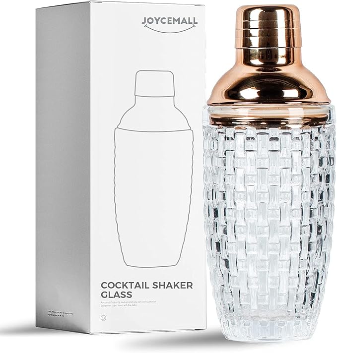Glass Cocktail Shaker Kit, JOYCEMALL 13 Ounce Martini Mocktail Making Set with Leakproof Metallic Steel Lid & Strainer for Home Use & Bar Cart Rosegold