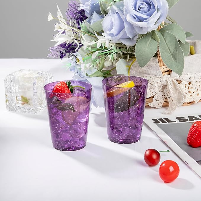 DaYammi 100 Pack 10 oz Purple Plastic Cups- Disposable Cups Tumblers, Elegant Purple Glitter Party Drinking Cup Perfect for Wedding Purple cups Perfect for Mother's Day Party Wedding