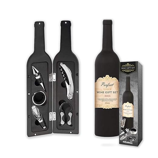 mikamax - Wine Gift Set - Wine Kit - Black - Wine Checker - Wine Stop - Corkscrew Tool
