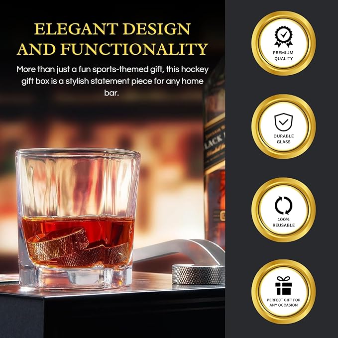 Hockey Puck Whiskey Stones Gift Set with 2 Glasses & Stick Tongs - 7pc Stainless Steel Chilling Rocks, Chill Non-Diluting Freezer Kit, Cool Hockey Gifts for Men, Him, Dad, N H L Gift Boyfriend & Fans