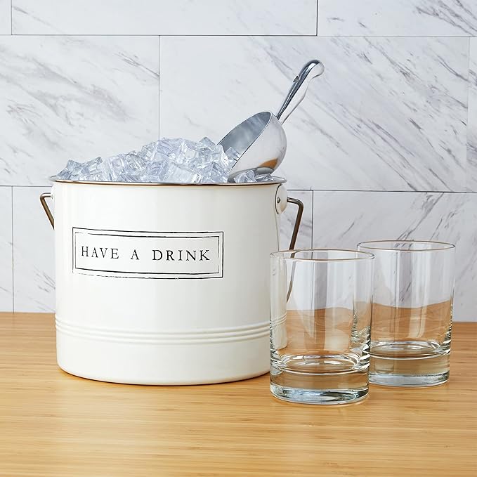 Twine Have A Drink White Enameled Metal Ice Bucket & Scoop for Parties - Wine Bottle And Beer Bottle Bucket in 1 Gallon