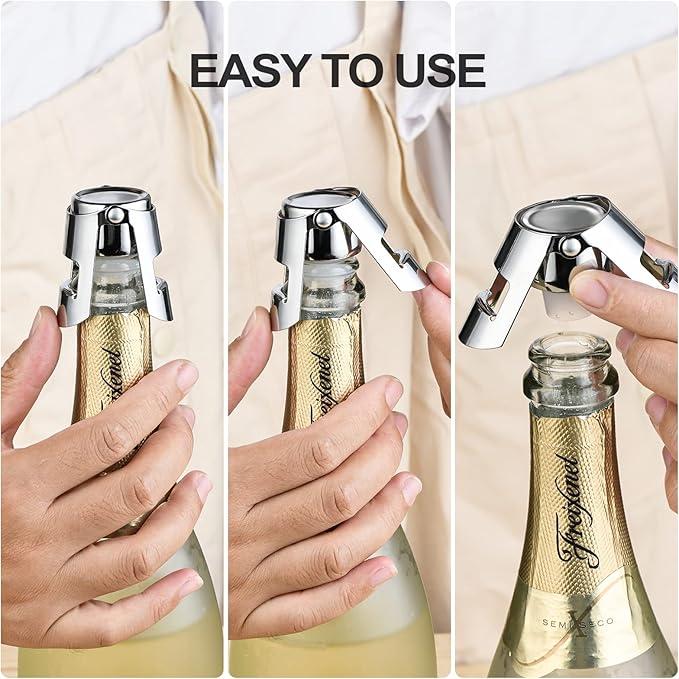 HYZ Champagne Stoppers - Stainless Steel Sparkling Wine Bottle Stopper with Pure Silicone Air Tight Seal - Professional Wine Saver for Champagne，Prosecco and Cava (2Pack Chrome)