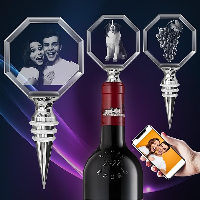 3D Personalized Crystal Wine Stopper, 3D Crystal Picture Engraved, Custom with Your Own Personal Logo, Text and Image, Gift for Father Dad, Anniversary Birthday Wedding Family Gifts (Octagonal)